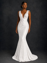 Gold Sequin Floral Applique Mermaid Prom Dress