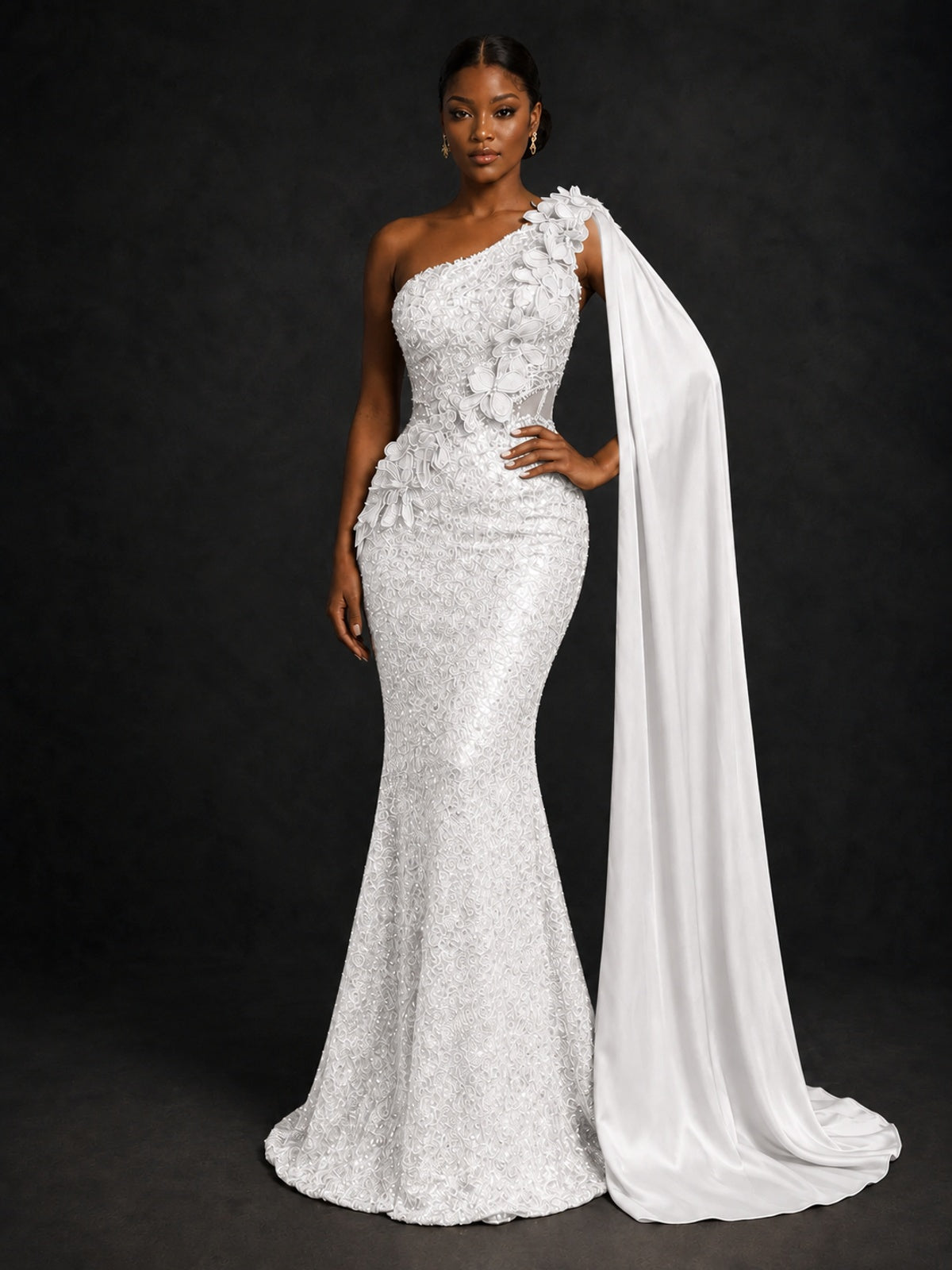Gold Sequin One Shoulder Mermaid Prom Dress with Cape