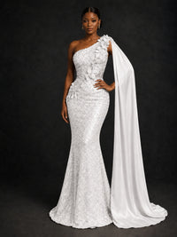 Gold Sequin One Shoulder Mermaid Prom Dress with Cape