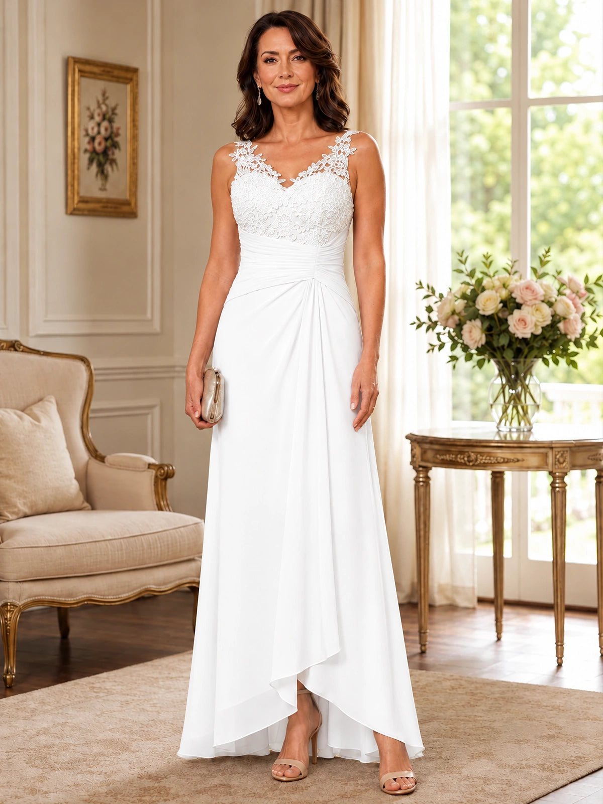 Elegant Chiffon Mother of the Bride Dress with Lace Applique and Cape Sleeves