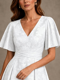 V-Neck Floral Jacquard Tea-Length Mother of the Bride Dress