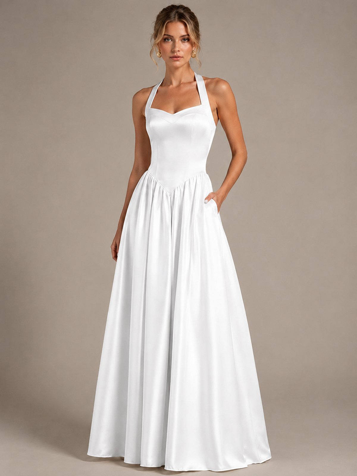 Light Yellow Halter Neck Satin A-Line Maxi Dress with Pockets
