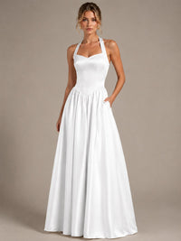Light Yellow Halter Neck Satin A-Line Maxi Dress with Pockets