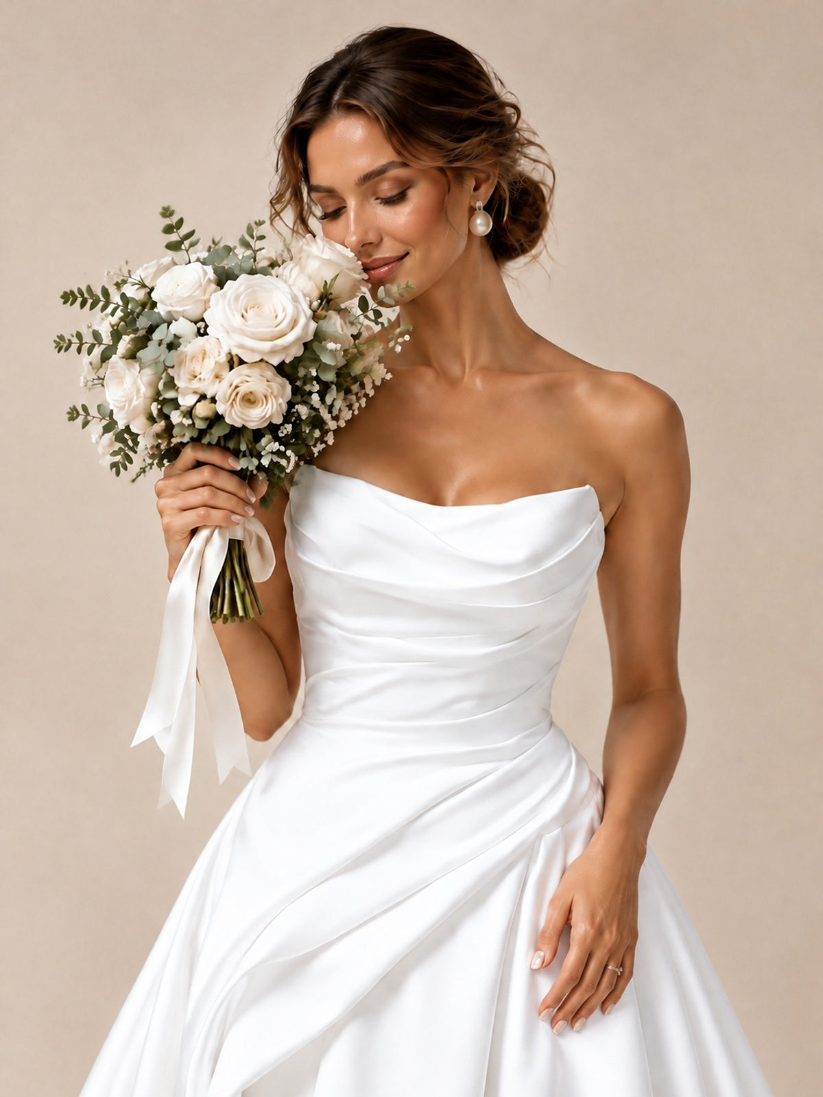 Split Pleated Satin Wedding Dress Strapless Bridal Wedding Gowns with Lace-Up Back