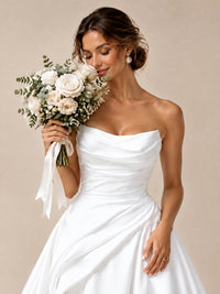 Split Pleated Satin Wedding Dress Strapless Bridal Wedding Gowns with Lace-Up Back