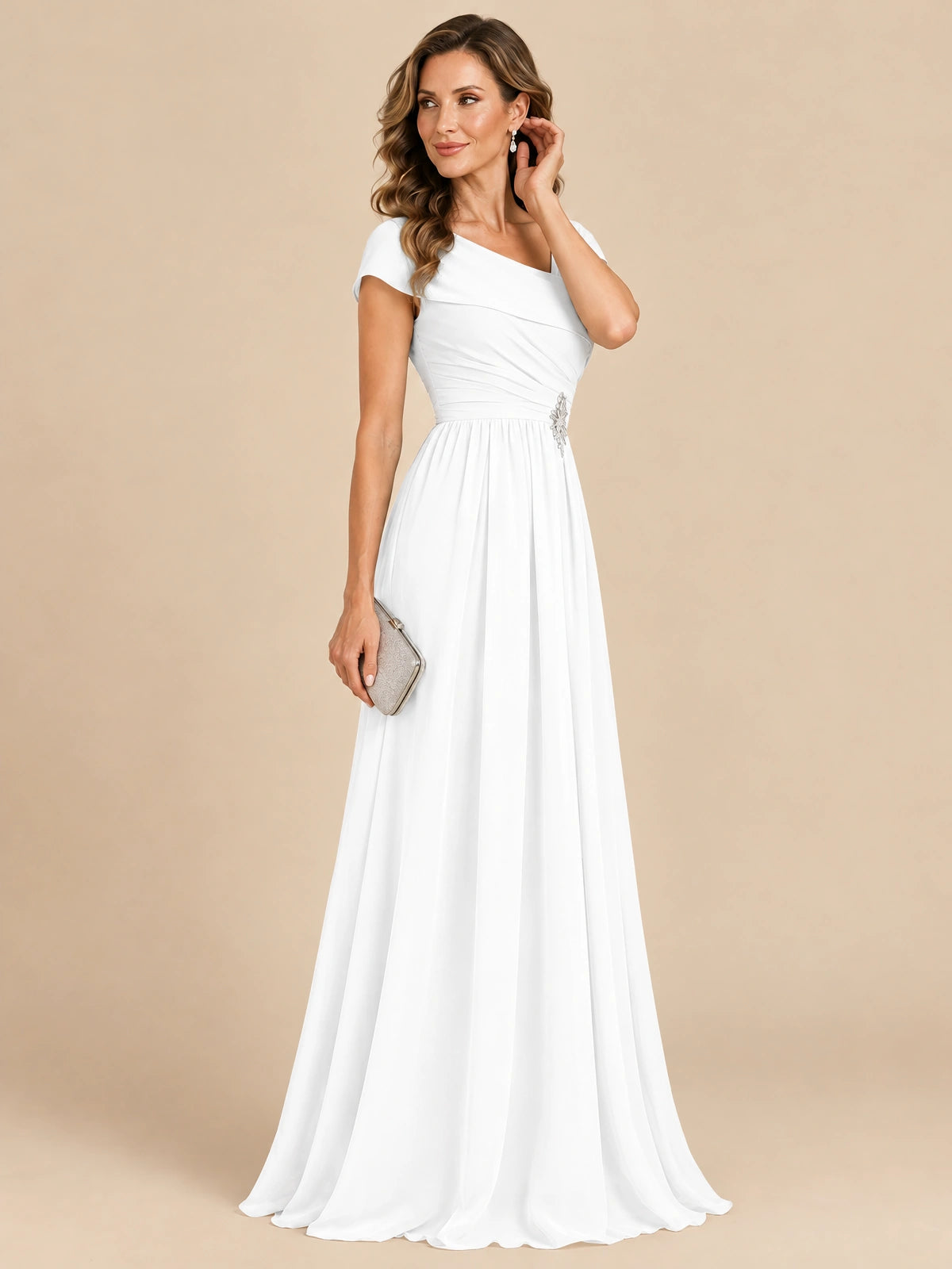 Cap Sleeve Mother of The Bride Dresses Long Chiffon Formal Gowns
