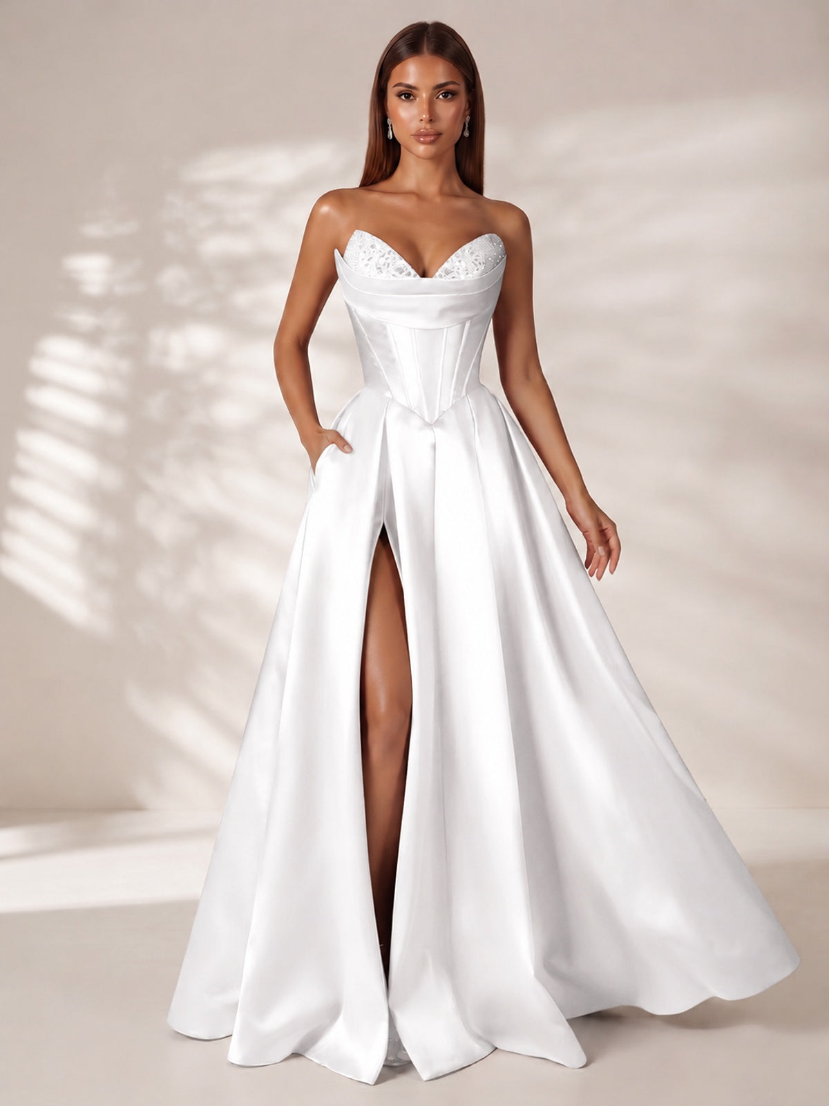 Strapless Corset Satin Prom Dress Long Evening Gown with High Slit