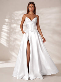 Strapless Corset Satin Prom Dress Long Evening Gown with High Slit