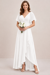 Dusty Blue Chiffon Bridesmaid Dress with Flutter Sleeves & High-Low Hem