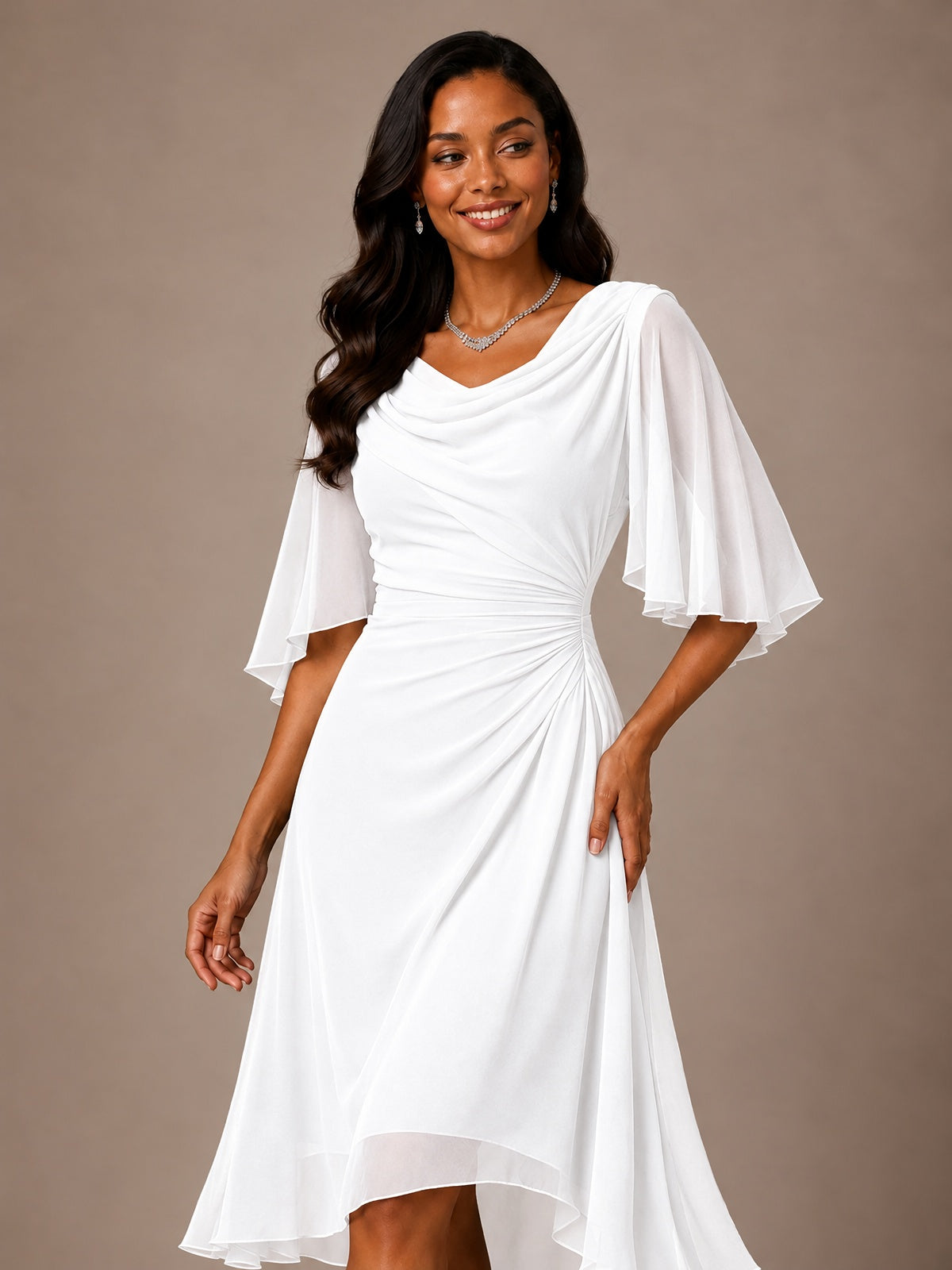 Cowl Neck Ruched Chiffon Mother of the Bride Dresses with Flutter Sleeves