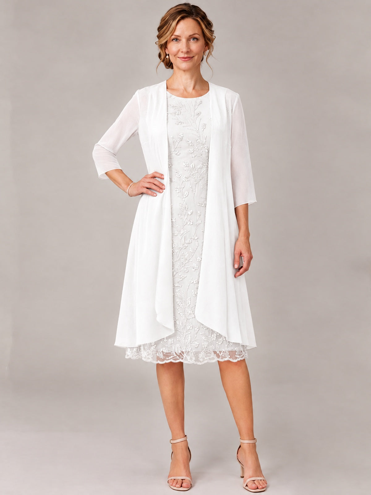 Tea Length Sequin Lace Mother of The Bride Dress with Chiffon Jacket