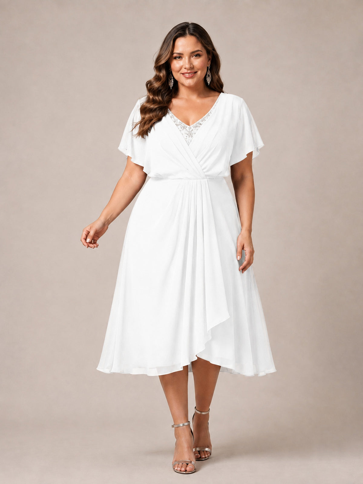 Navy Blue A-Line V-Neck Tea-Length Mother of the Bride Dress