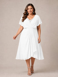 Navy Blue A-Line V-Neck Tea-Length Mother of the Bride Dress