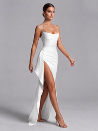 Square Neck Satin Long Prom Dress with Ruffles