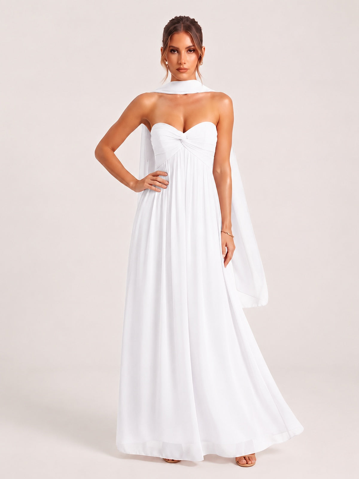 Strapless Ruched Chiffon Long Prom Dress with Scarf