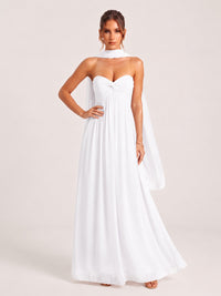 Strapless Ruched Chiffon Long Prom Dress with Scarf