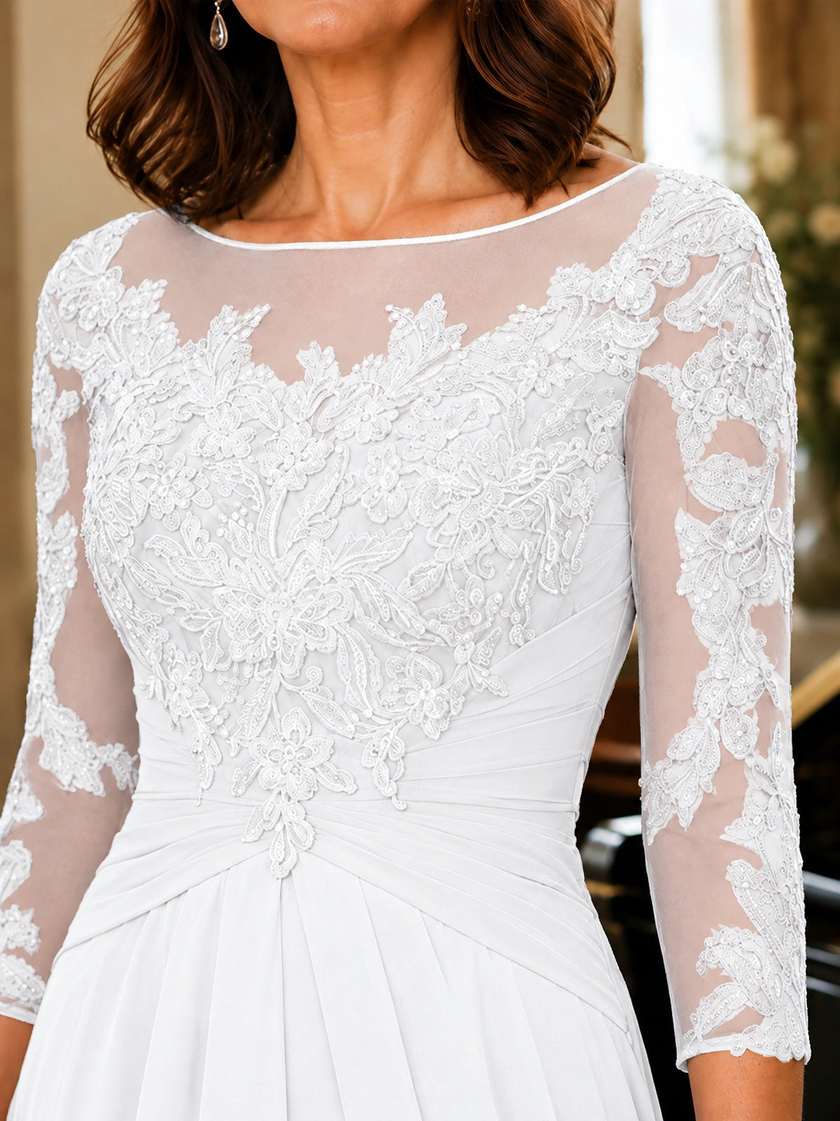 A-Line Chiffon Mother of the Bride Dress with Floral Applique 3/4 Sleeves