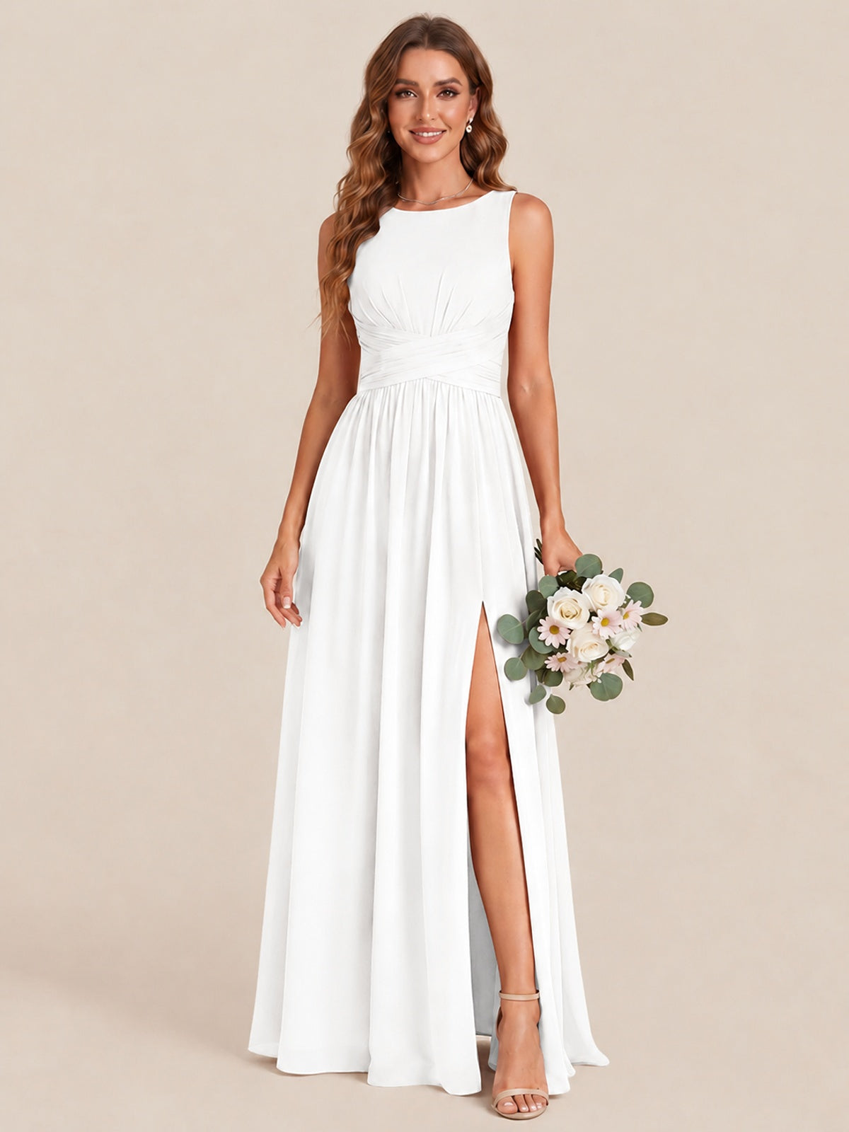 A-line Sleeveless Rucehd Chiffon Bridesmaid Dress with High Slit
