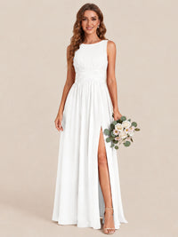 A-line Sleeveless Rucehd Chiffon Bridesmaid Dress with High Slit
