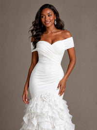 Pink Off-the-Shoulder Mermaid Prom Dress with Ruffles 3D Flowers
