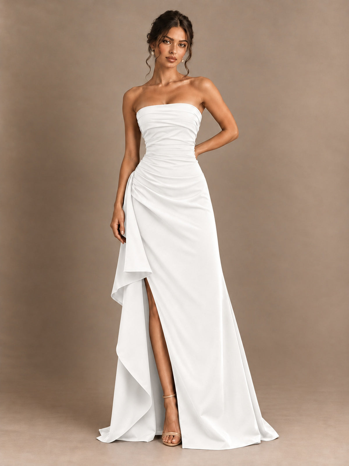 Black and White Strapless Ruched Prom Dress with High Slit & Side Drape