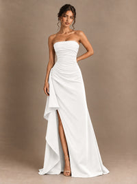 Black and White Strapless Ruched Prom Dress with High Slit & Side Drape