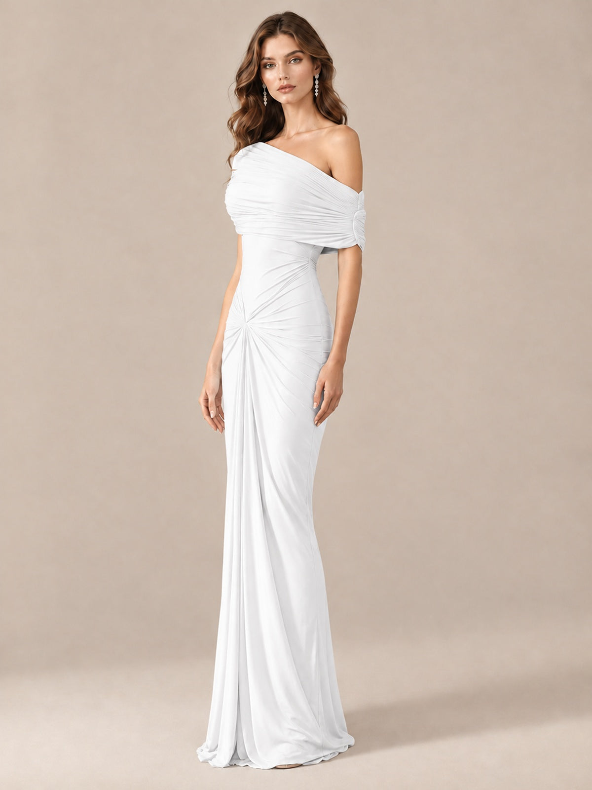 Elegant Draped Off Shoulder Ruched Mermaid Chiffon Formal Evening Gown