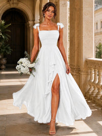 Ruffle Slit Chiffon A Line Scoop Neck Bridesmaid Dresses with Pockets