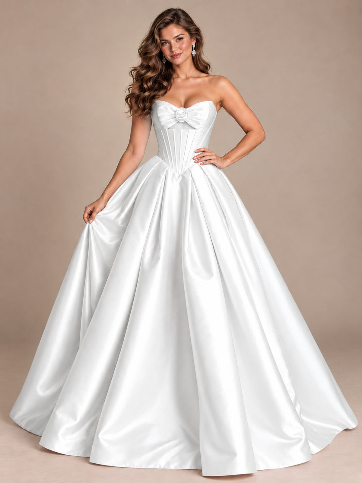 Pink Strapless Corset Satin Prom Derss & Ball Gown with 3D Floral
