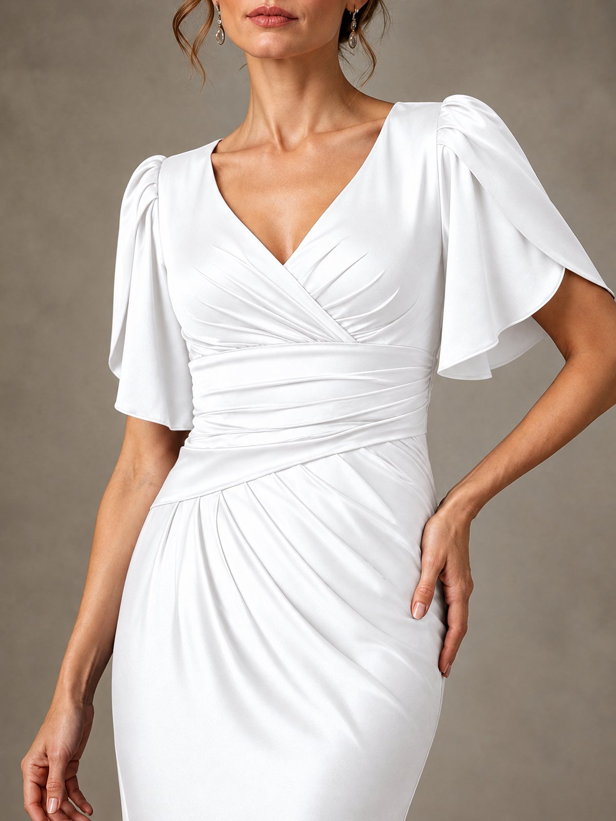 V-Neck Satin Mother of the Bride Dress with Flutter Sleeves
