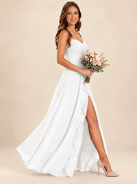 Spaghetti Straps Pleated Chiffon Bridesmaid Dress with Ruffle Slit