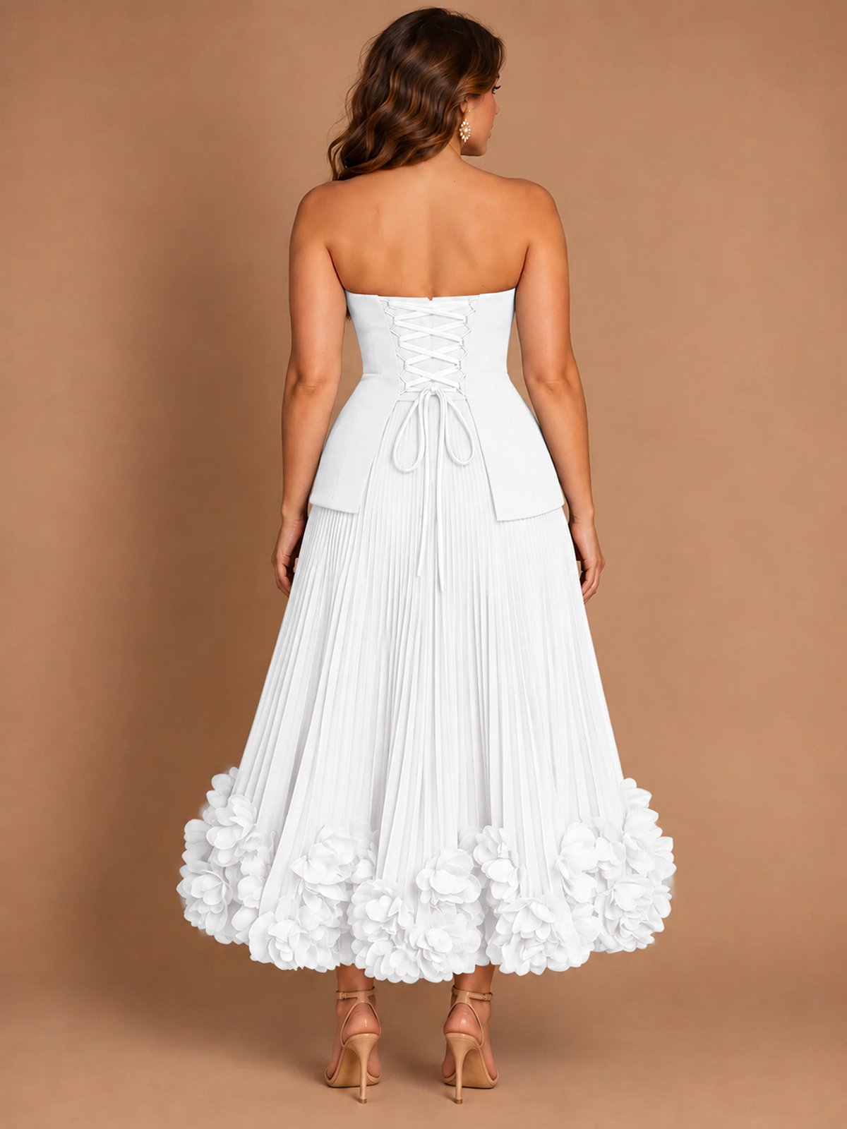 Navy Blue Strapless Pleated A-Line Midi Dress with 3D Floral Applique