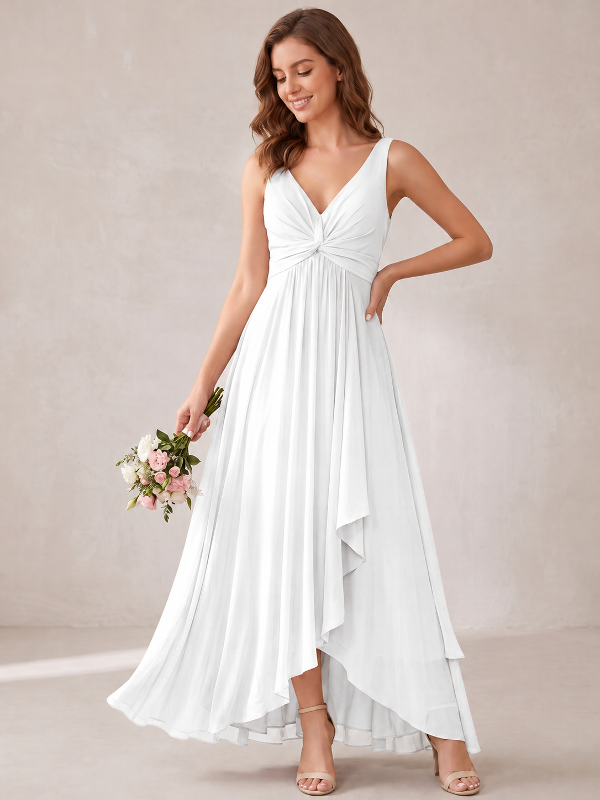 V-Neck High-Low Chiffon Bridesmaid Dress with Ruffles