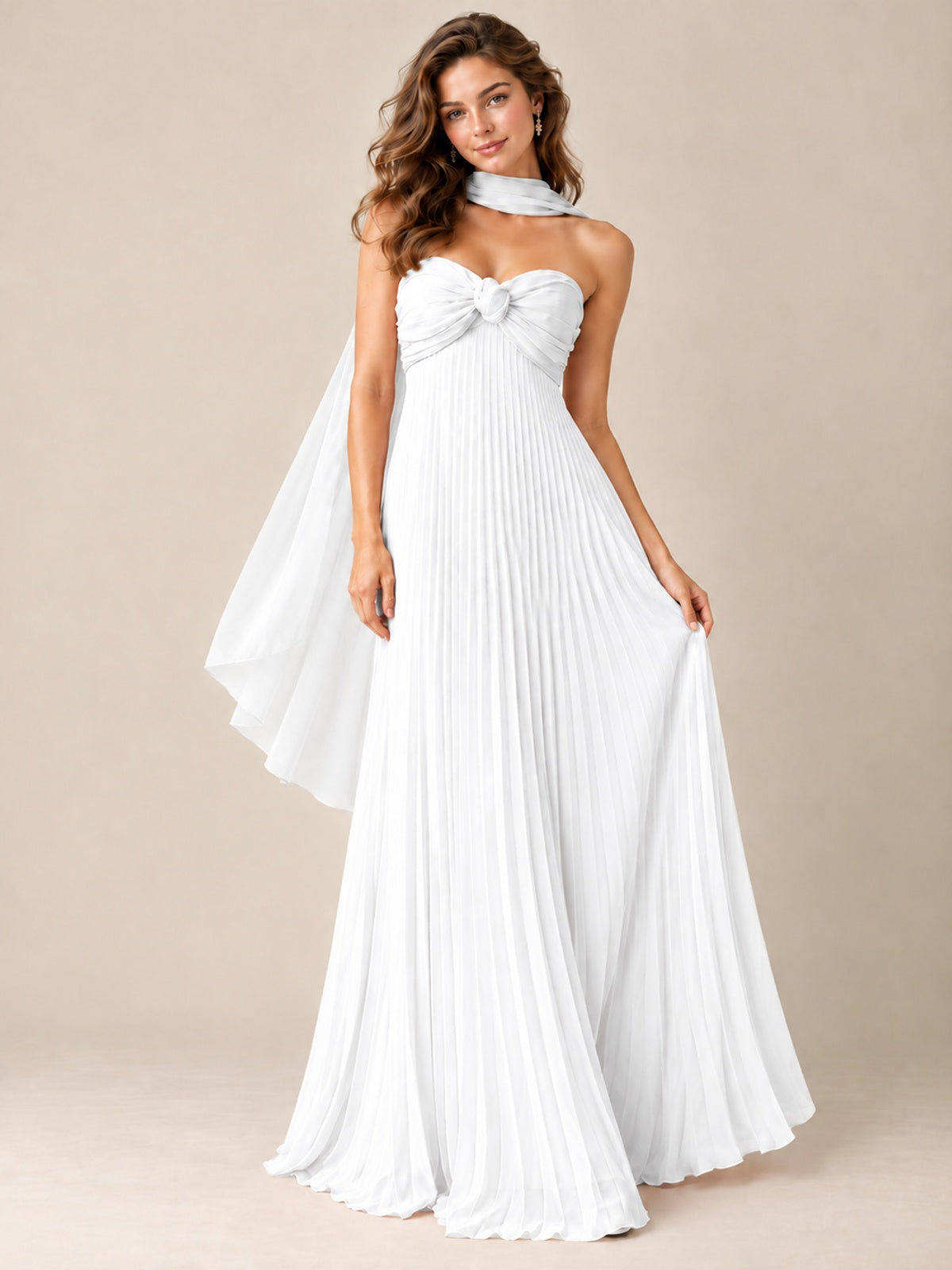 Sweetheart Neckline Pleated Prom Dress Strapless A-line Formal Dress with Flowy Scarf