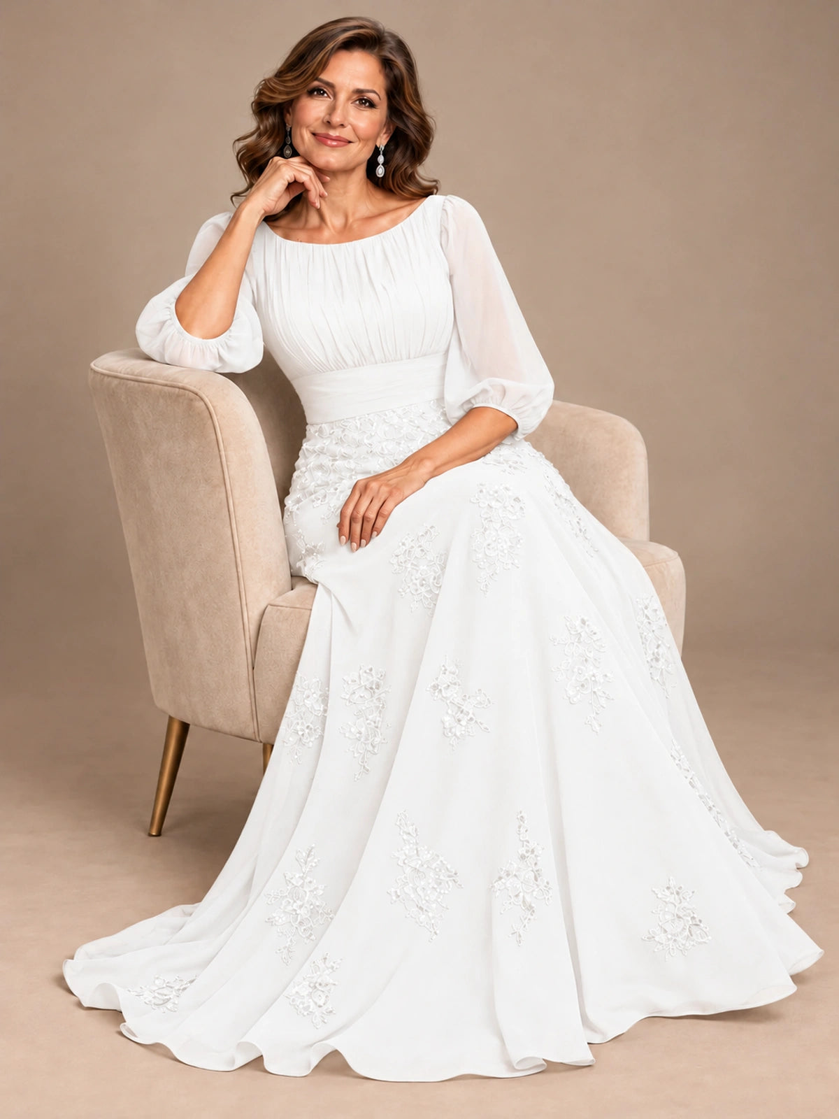 A-Line Mother of the Bride Dress with Sheer Puff Sleeves