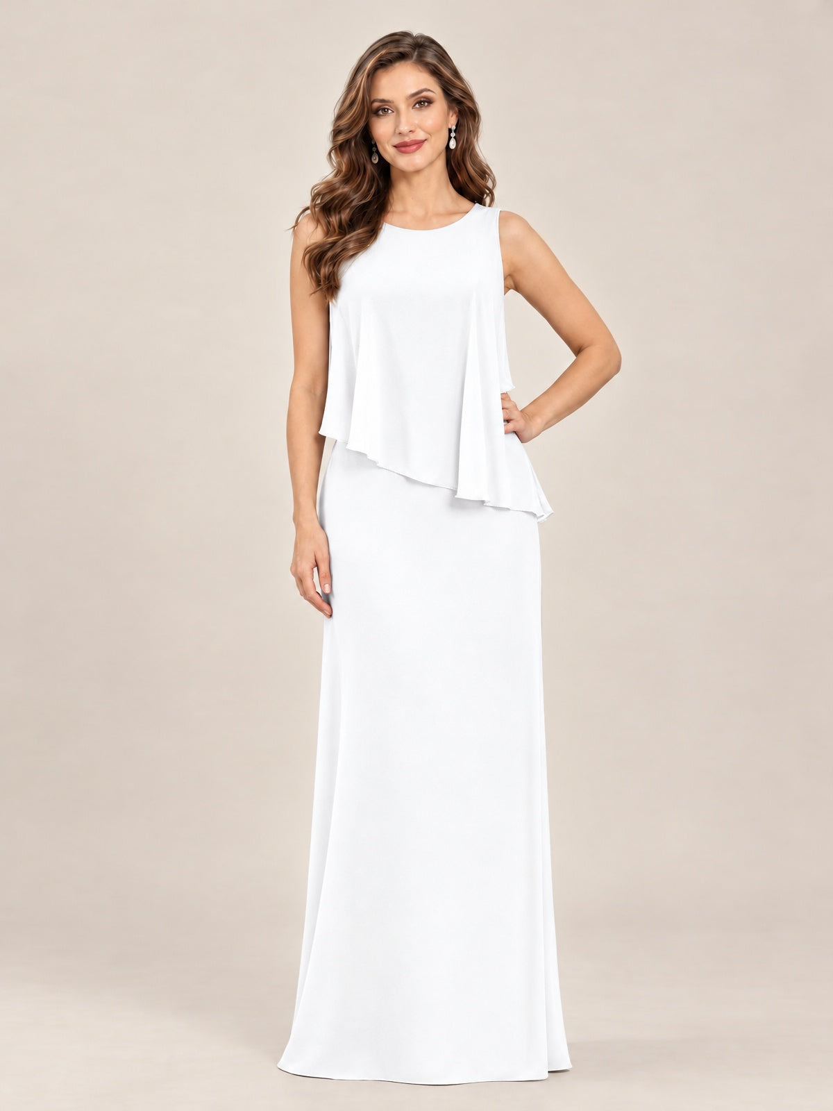 Cape Sleeve Mother of the Bride Dress with Asymmetrical Overlay