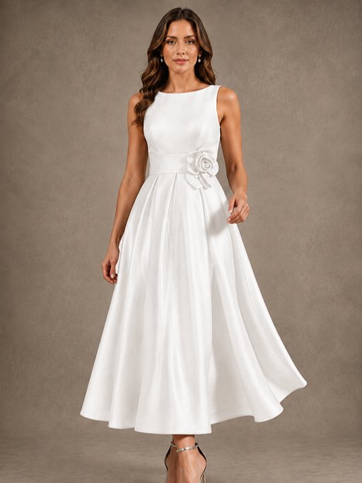 Tea-Length Satin Mother of the Bride Dress with 3D Flower Detail