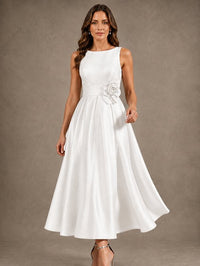 Tea-Length Satin Mother of the Bride Dress with 3D Flower Detail