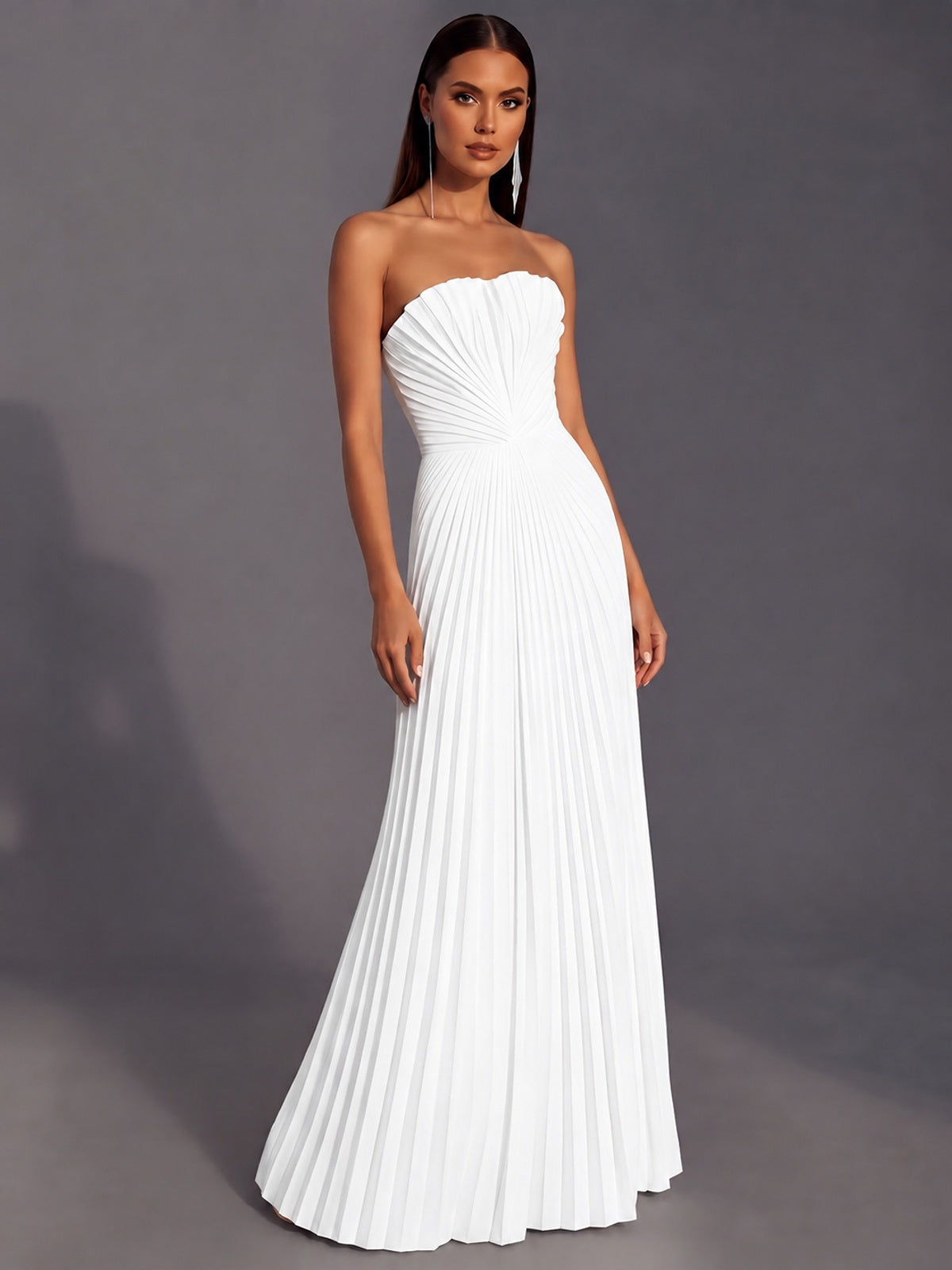Strapless A-line Long Pleated Satin Prom Dress