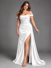Off Shoulder Satin Maxi Dress with Slit