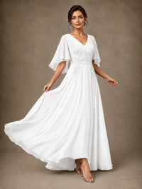 V-Neck Chiffon Lace Mother of the Bride Dress with Flutter Sleeves
