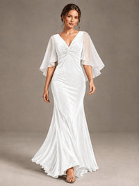 Navy Blue Velvet V Neck Mermaid Formal Dress with Flutter Cape Sleeves