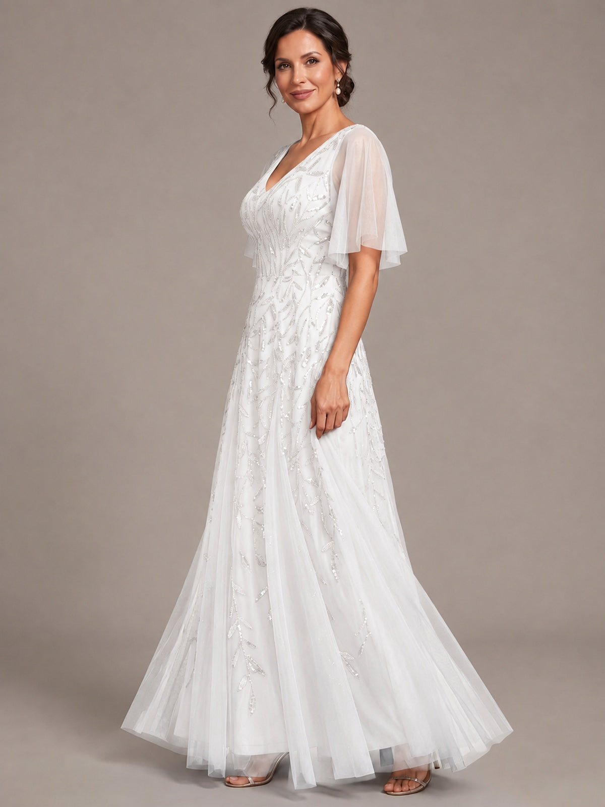 V-Neck Sequin Tulle Mother of the Bride Dress with Flutter Sleeve