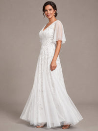 V-Neck Sequin Tulle Mother of the Bride Dress with Flutter Sleeve