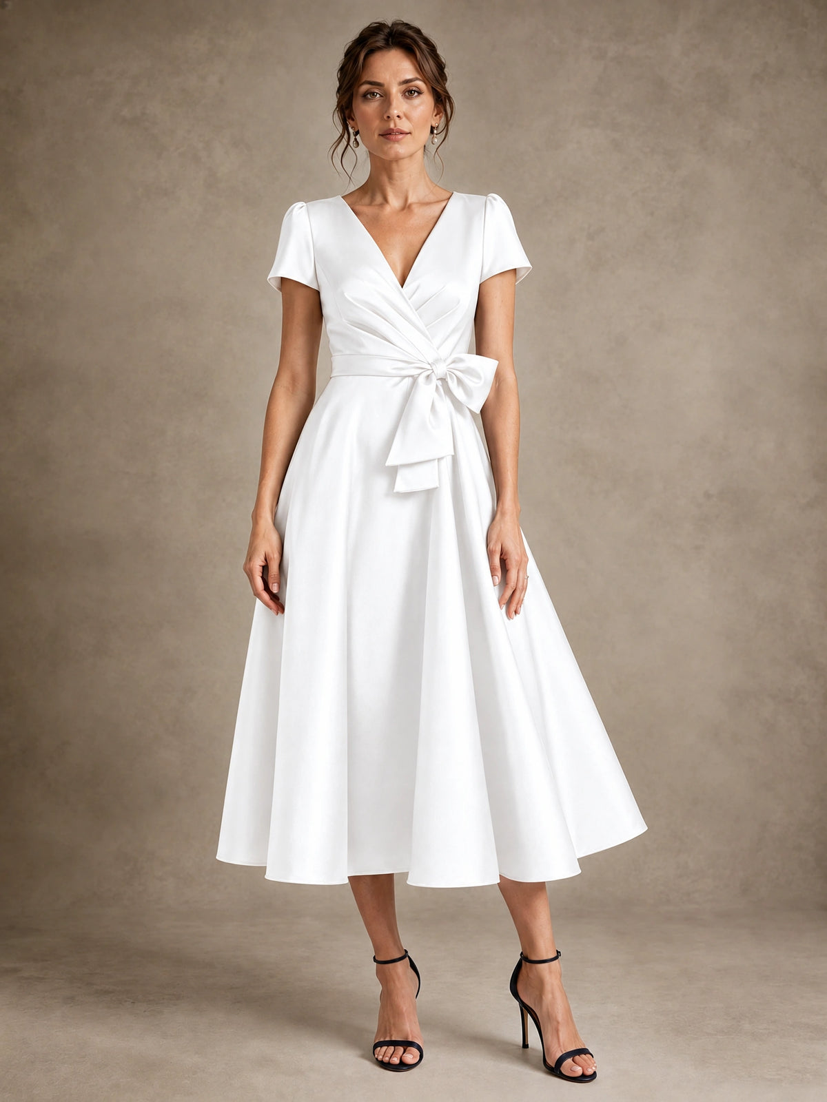 White V-Neck Tea-Length Satin Mother of the Bride Dress with Bow Jovellee