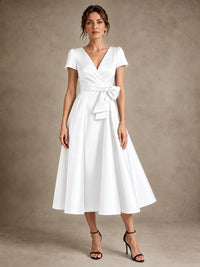 White V-Neck Tea-Length Satin Mother of the Bride Dress with Bow Jovellee