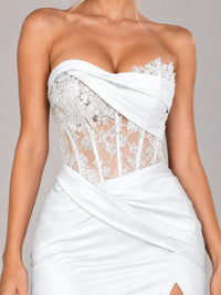 Strapless Satin Prom Dress with Sheer Lace Corset & High Slit