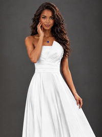 Draped Satin Prom Dress Strapless A-line Formal Dress Floor Length