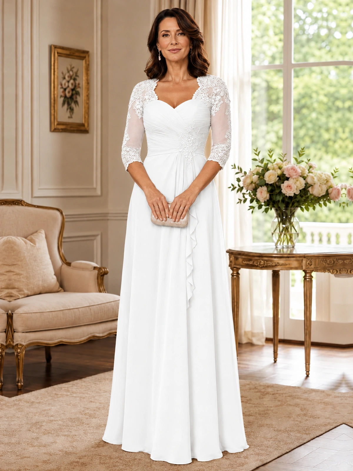 Chiffon Lace Applique Mother of the Bride Dress with 3/4 Sleeves