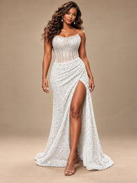 Gold Sequin Strapless Corset Prom Dress with High Slit
